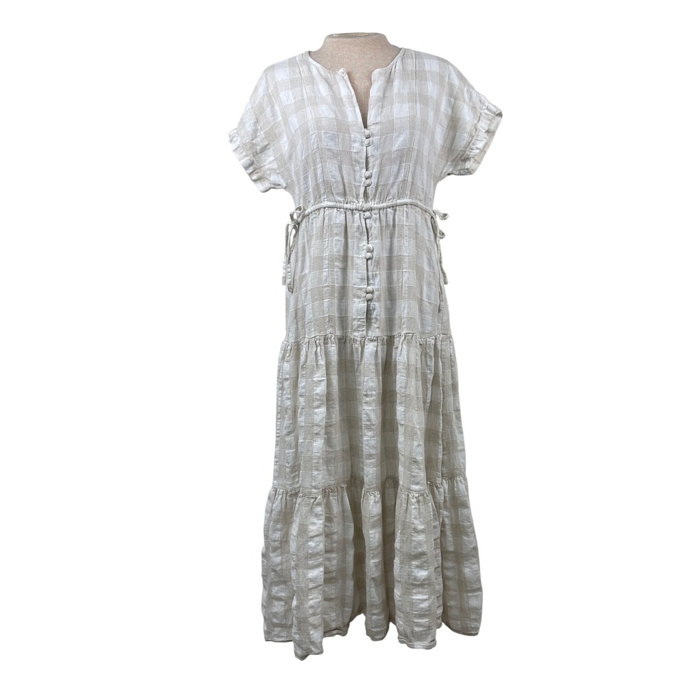 Madewell Buffalo Check Linen Blend Tiered Maxi Dress Tan White Drawstring Waist